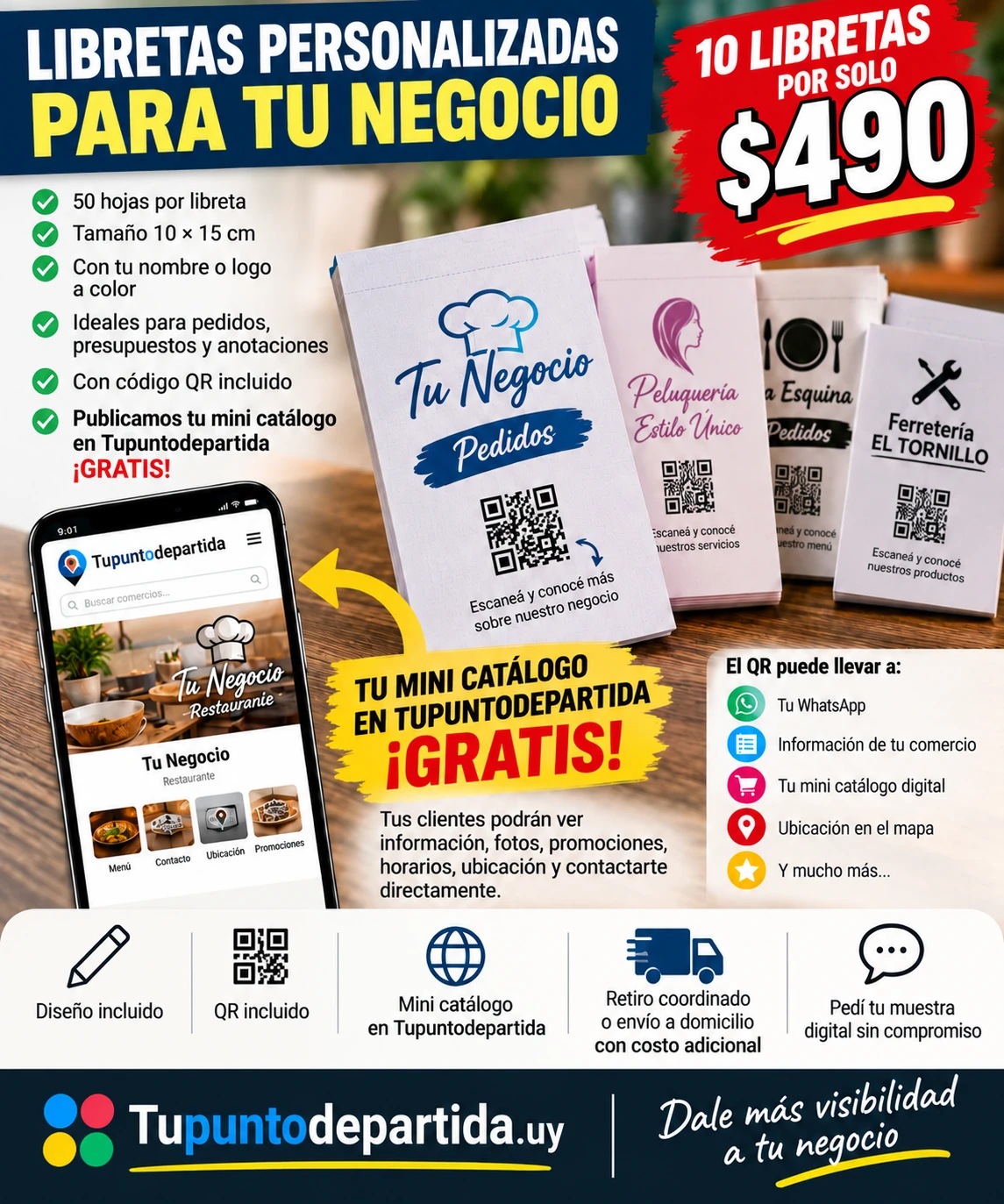 Libretas personalizadas de 50 hojas, 10 por 490 pesos, con código QR y minicátalogo en Tupuntodepartida